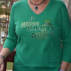St. Patrick's Day rhinestone bling green 3/4 sleeve shirt XS S M L XL XXL 1X2X3X